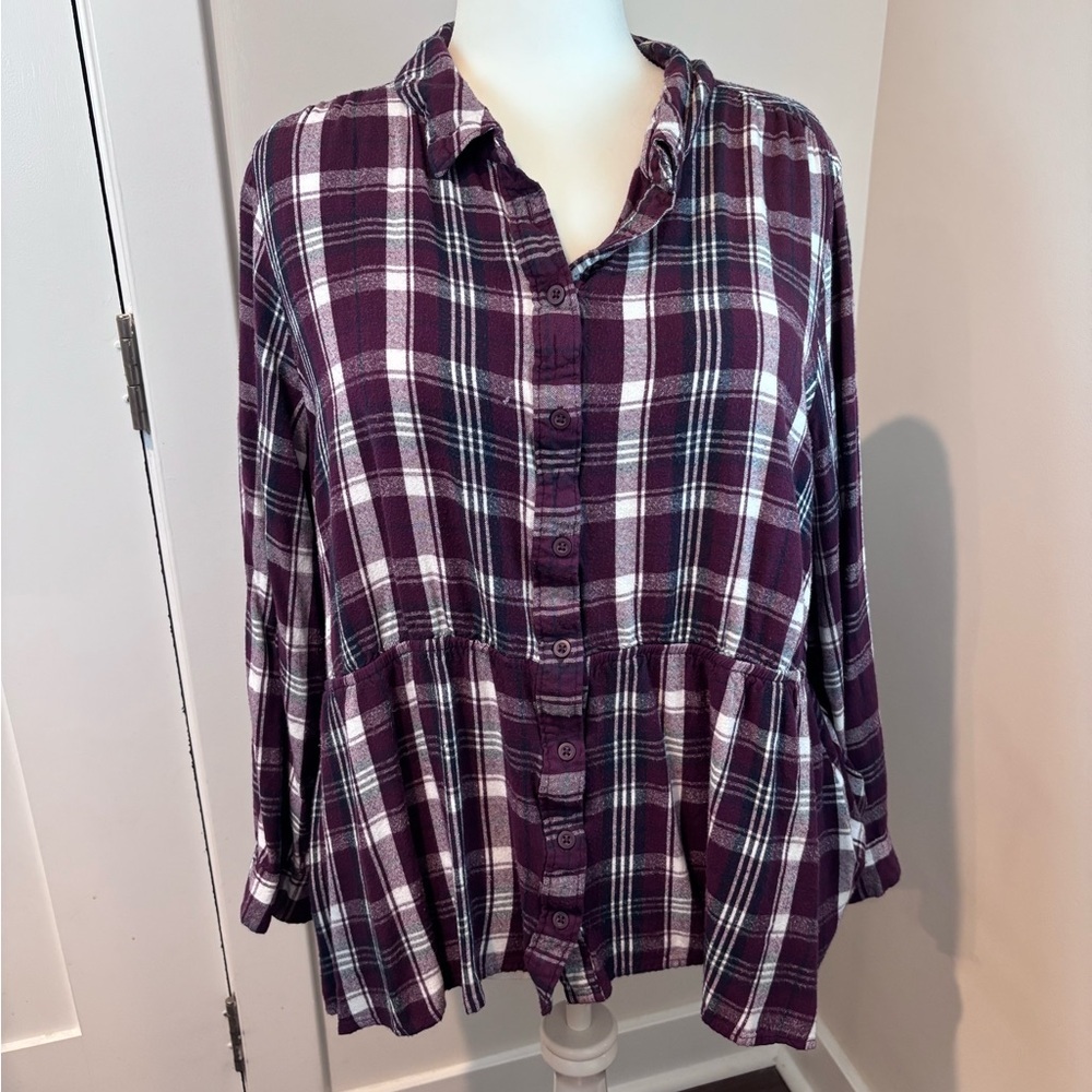 Lane Bryant Purple Plaid Button Front Peplum Tunic Top 26/28